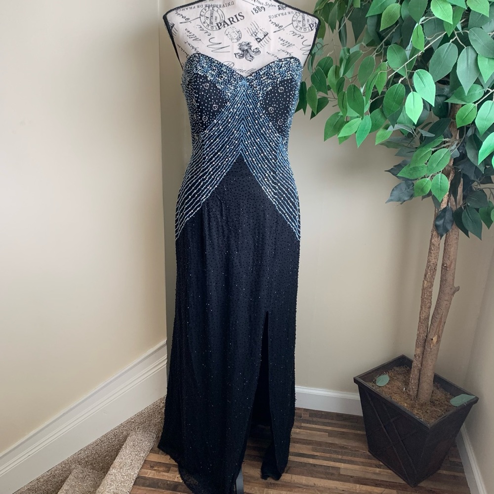Cassandra Stone Embellished Beaded Strapless Floor Length Silk Gown Black Sz 12